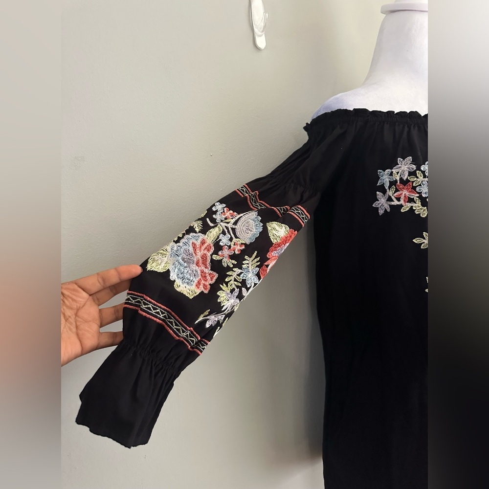 Free People Fleur Du Jour Black Floral Embroidered Off Shoulder Dress Black S - Picture 6 of 15